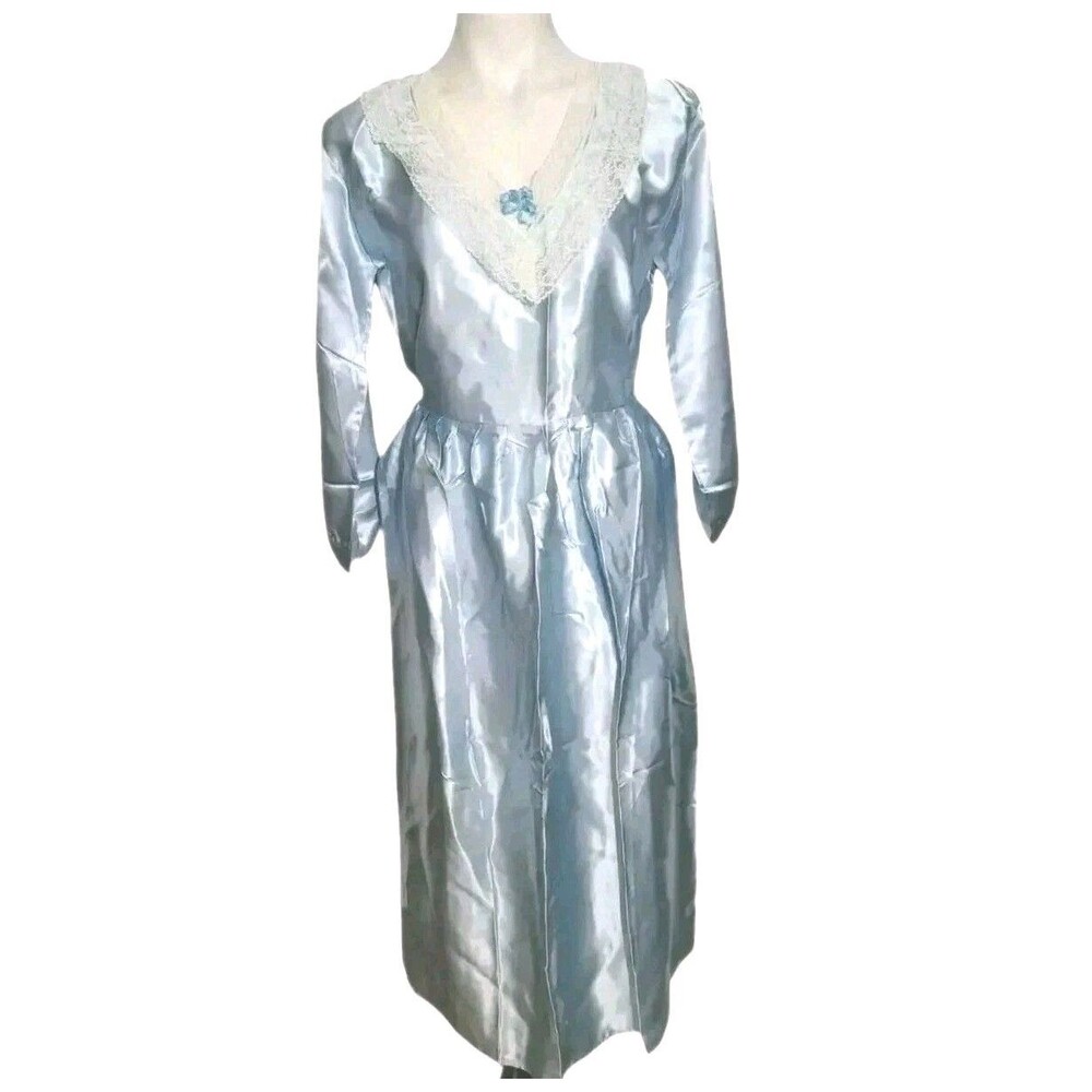 VTG Prairie Satin Lace Dress Hand Made Pleated Blue Womens Sz M